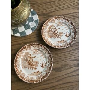 Vintage Brown Transfer Ware 9" Dinner Plates Holland Windmill Japan Set Of 2